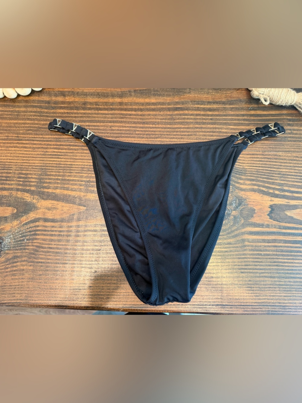 Black Victoria’s Secret Bikini Bottoms L Strappy gold Hardware Minimal Swim